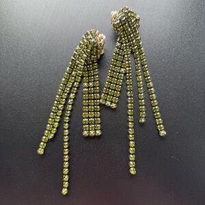 Vintage green rhinestone long chandelier duster statement earrings